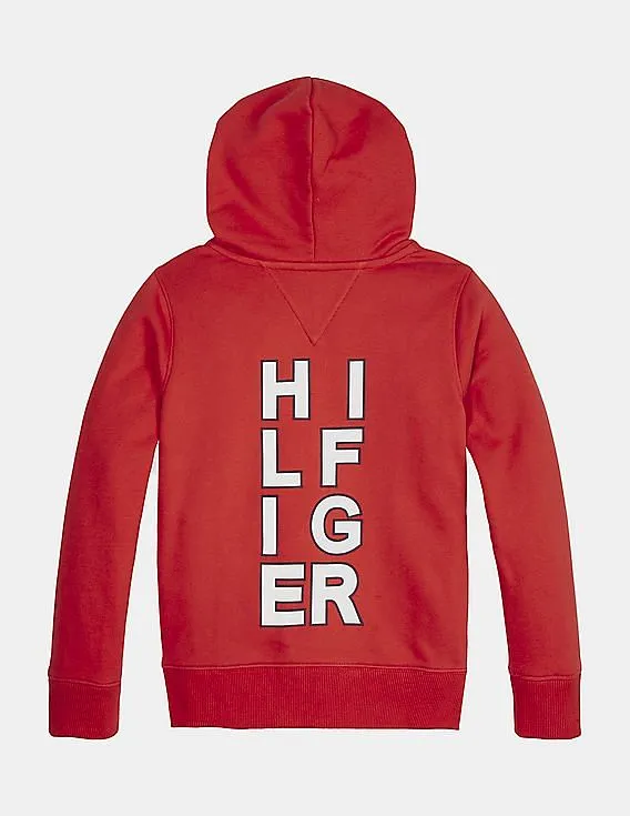 Tommy Hilfiger Kids Boys Red Cotton Graphic Printed Hooded Sweatshirt