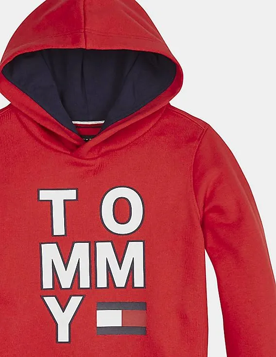 Tommy Hilfiger Kids Boys Red Cotton Graphic Printed Hooded Sweatshirt