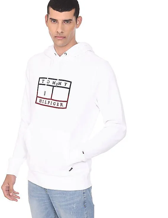 Tommy Hilfiger Men White Logo Embroidered Cotton Hooded Sweatshirt