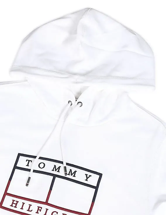 Tommy Hilfiger Men White Logo Embroidered Cotton Hooded Sweatshirt