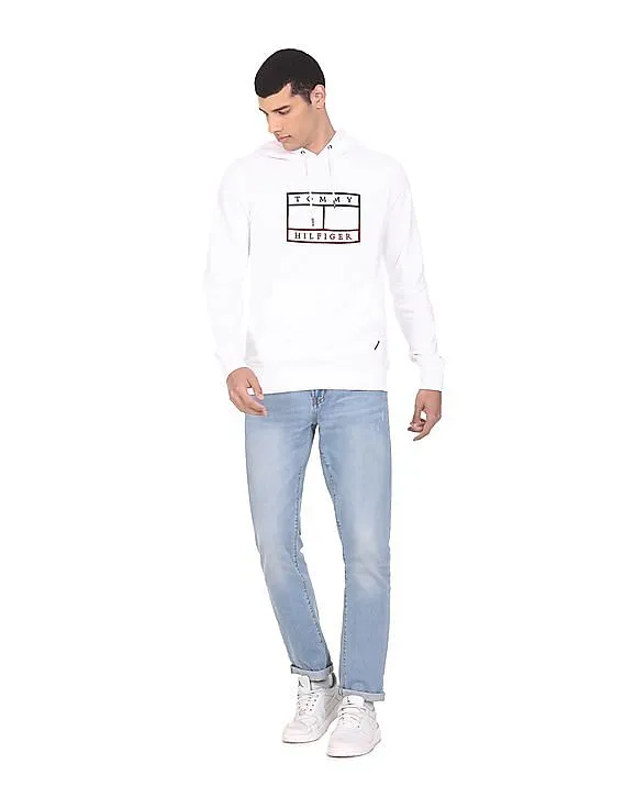 Tommy Hilfiger Men White Logo Embroidered Cotton Hooded Sweatshirt