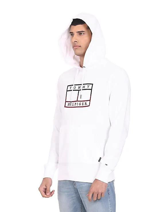 Tommy Hilfiger Men White Logo Embroidered Cotton Hooded Sweatshirt