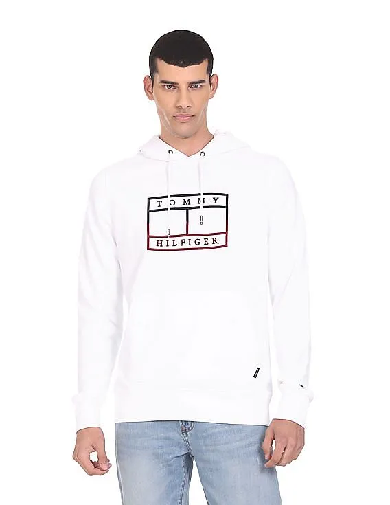 Tommy Hilfiger Men White Logo Embroidered Cotton Hooded Sweatshirt