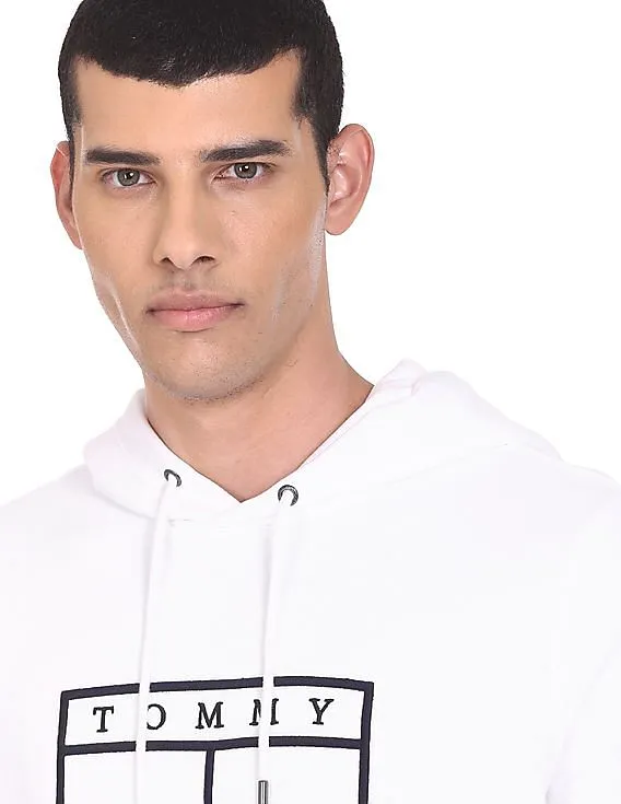 Tommy Hilfiger Men White Logo Embroidered Cotton Hooded Sweatshirt