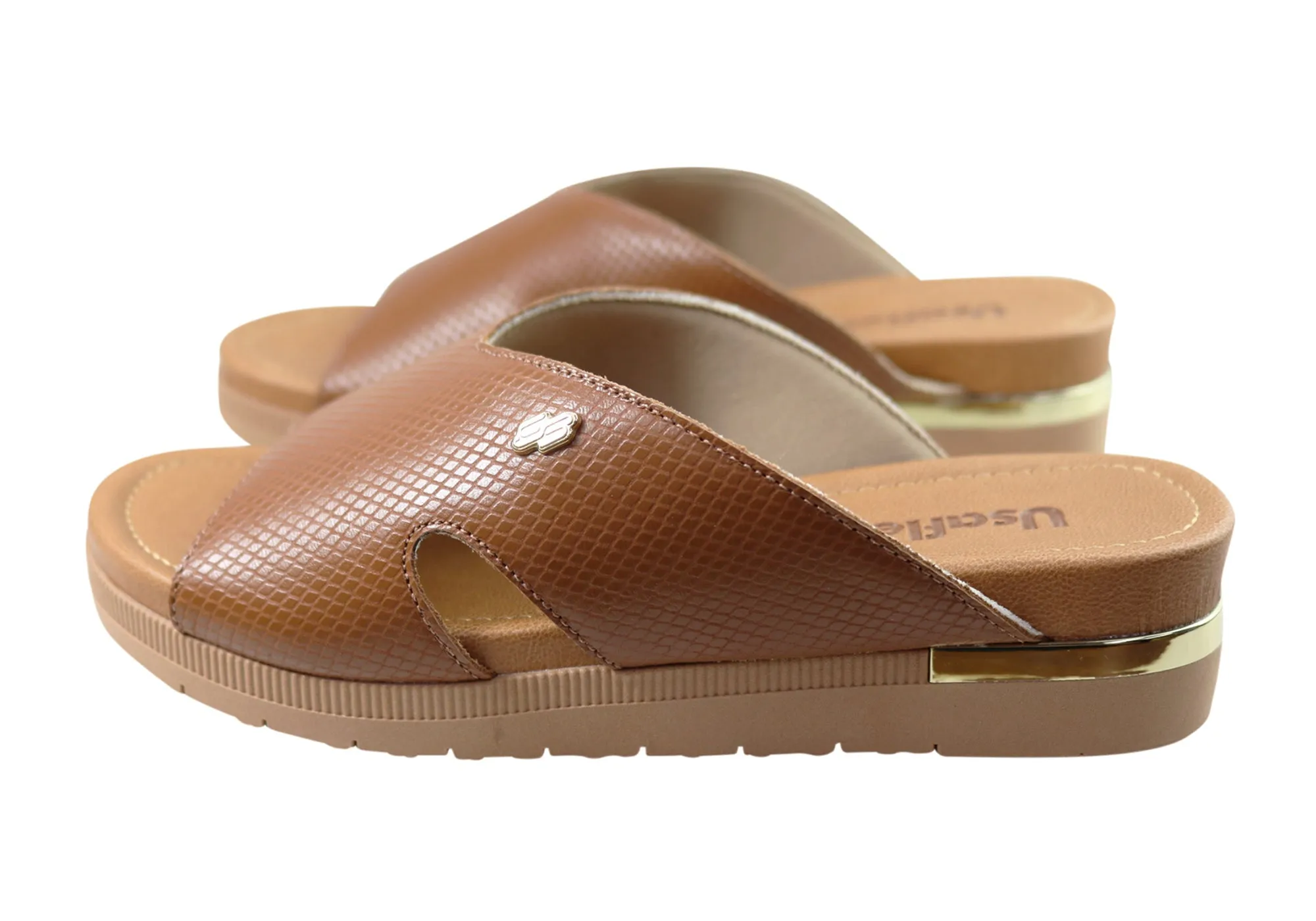 Usaflex Evoke Womens Comfort Leather Slides Sandals Made In Brazil