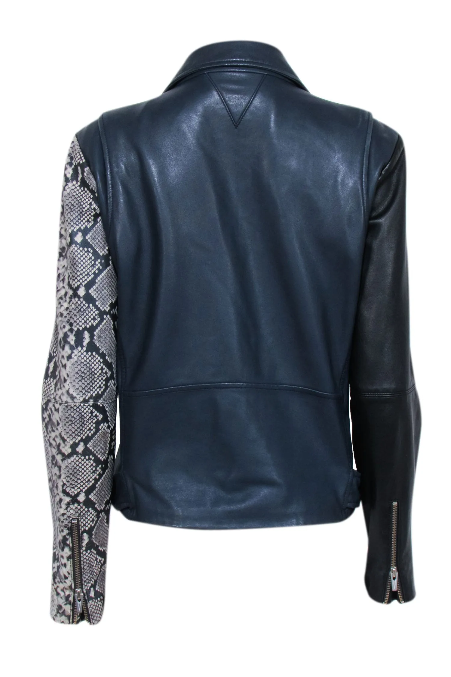 Veda - Navy & Black Lamb Leather Moto Jacket w/ Snakeskin Print Sleeve Sz L