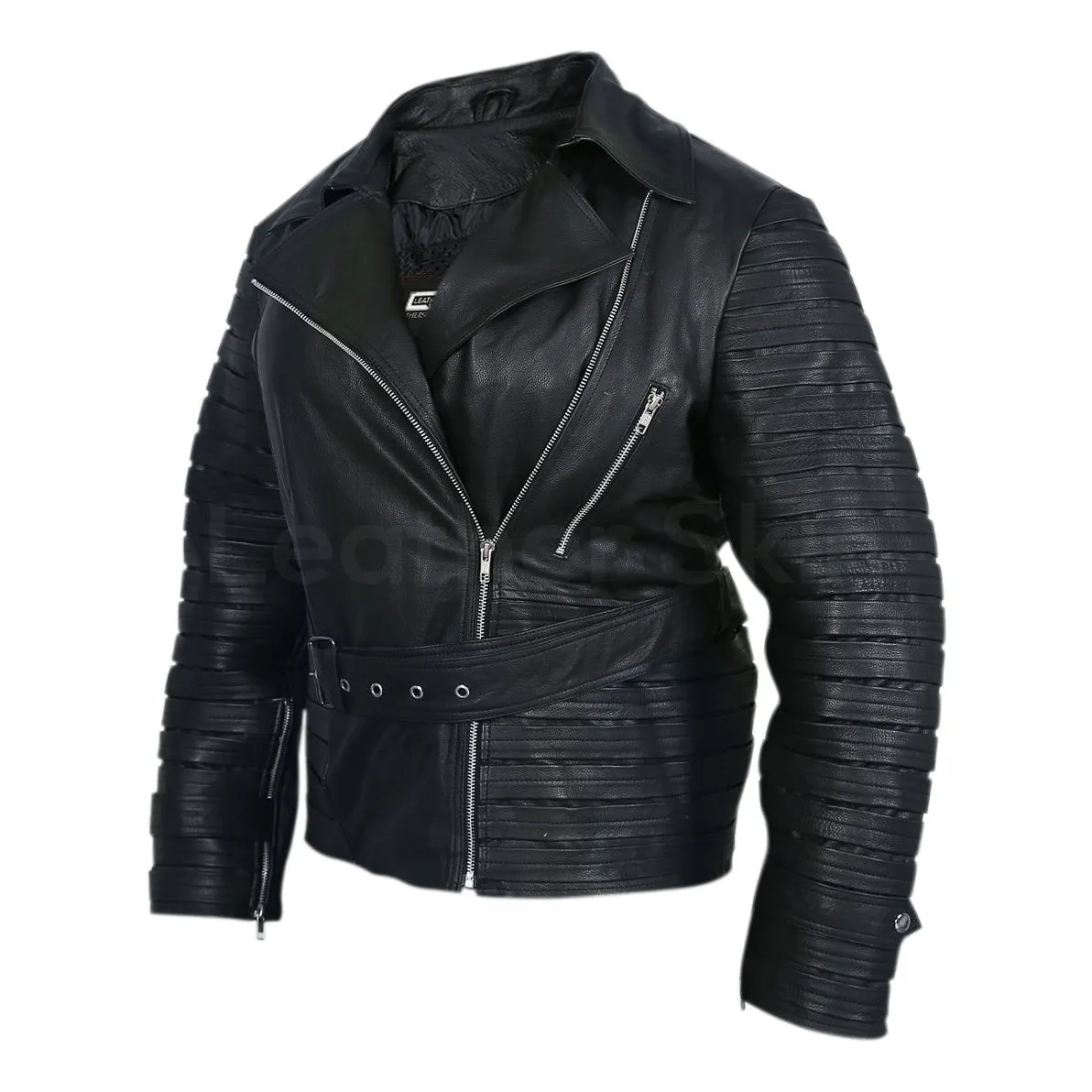 Women Black Belted Leather Jacket with stripes on top - Leather Skin Shop