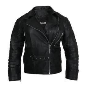 Women Black Belted Leather Jacket with stripes on top - Leather Skin Shop