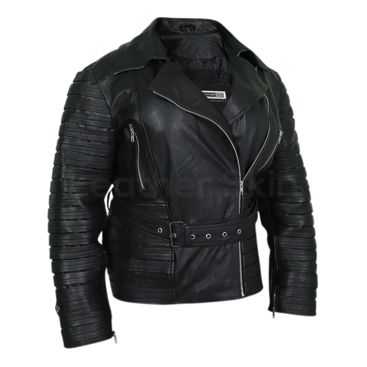 Women Black Belted Leather Jacket with stripes on top - Leather Skin Shop