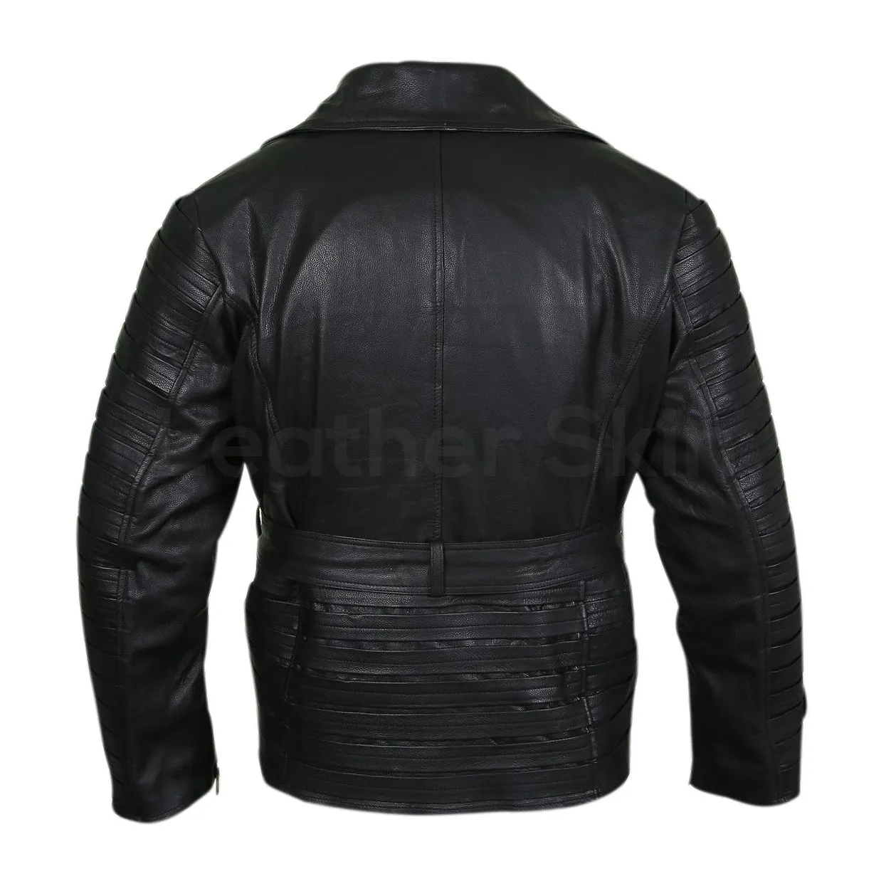 Women Black Belted Leather Jacket with stripes on top - Leather Skin Shop