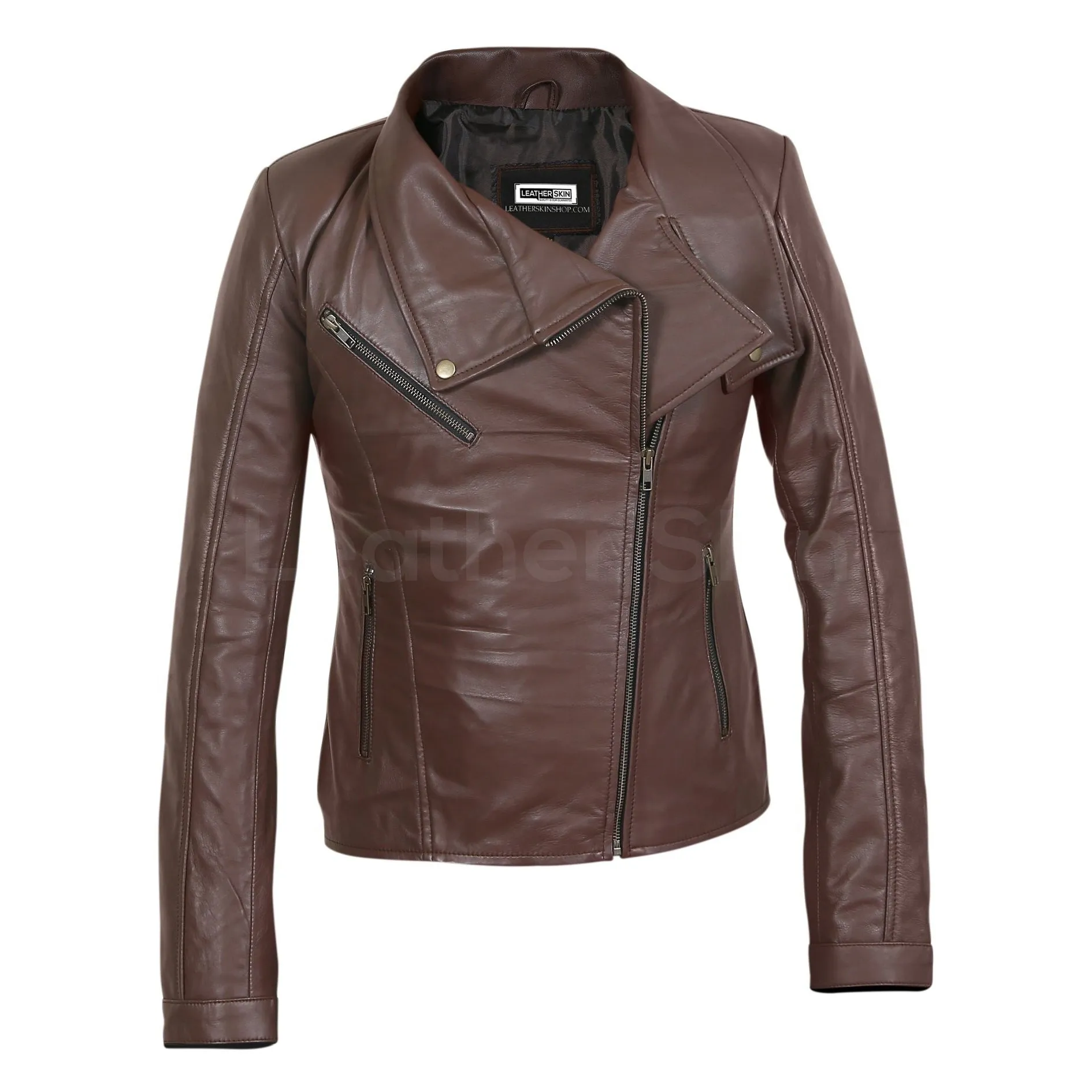 Women Brown Real Leather Jacket with Antique Zippers - Leather Skin Shop