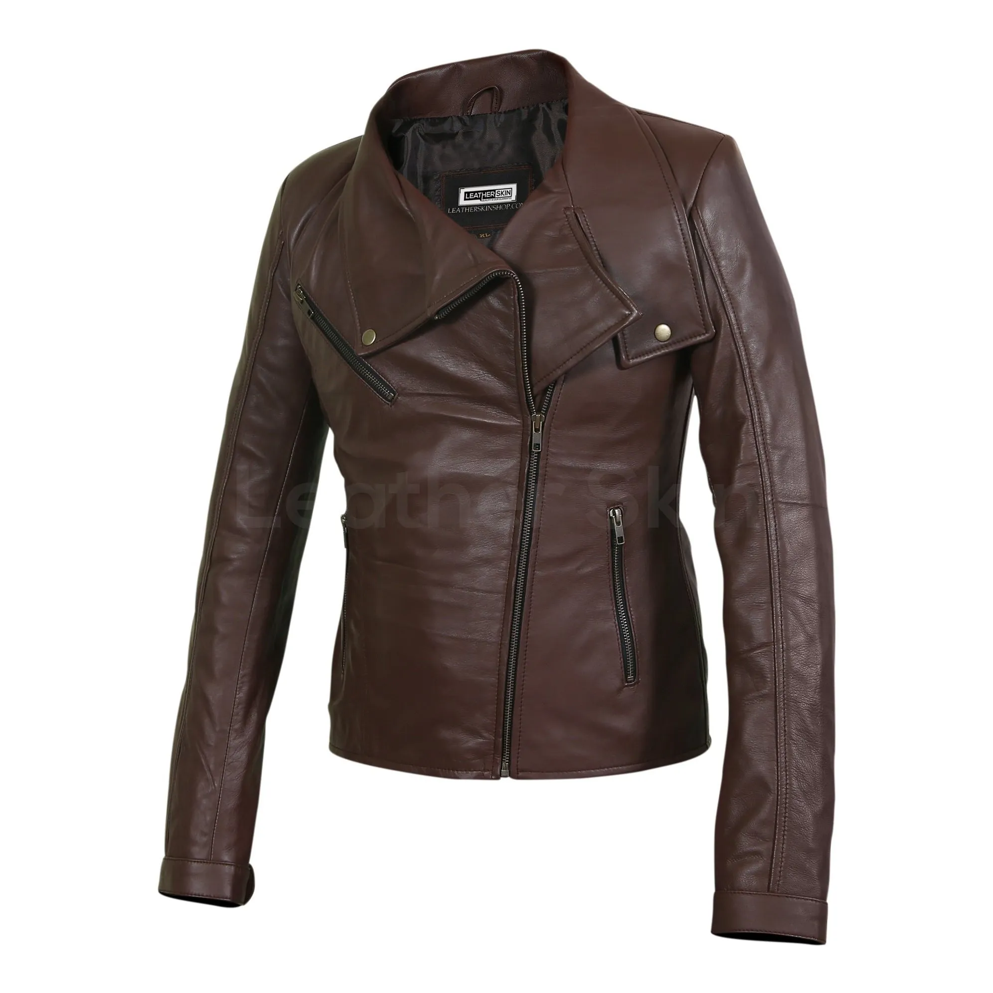 Women Brown Real Leather Jacket with Antique Zippers - Leather Skin Shop