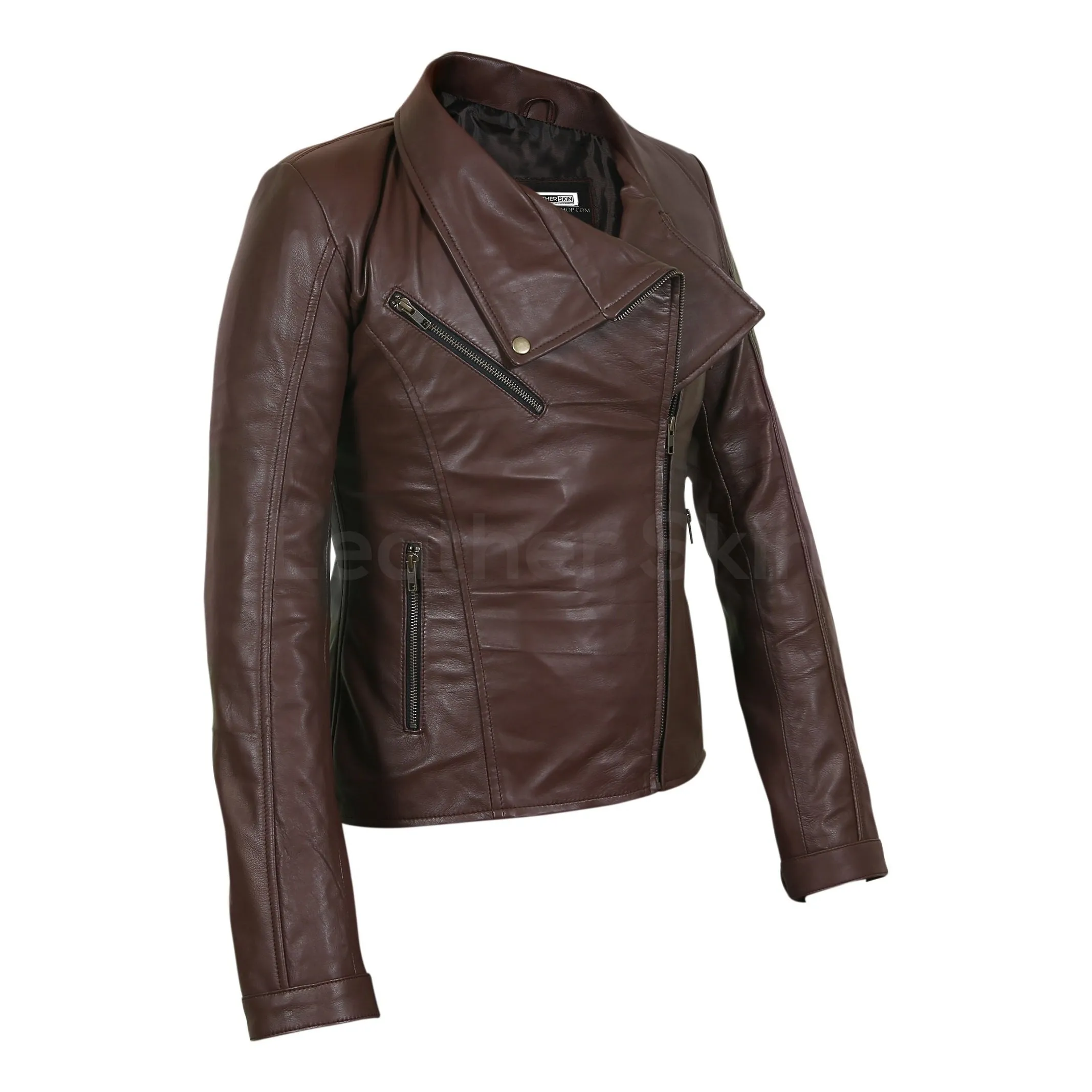 Women Brown Real Leather Jacket with Antique Zippers - Leather Skin Shop