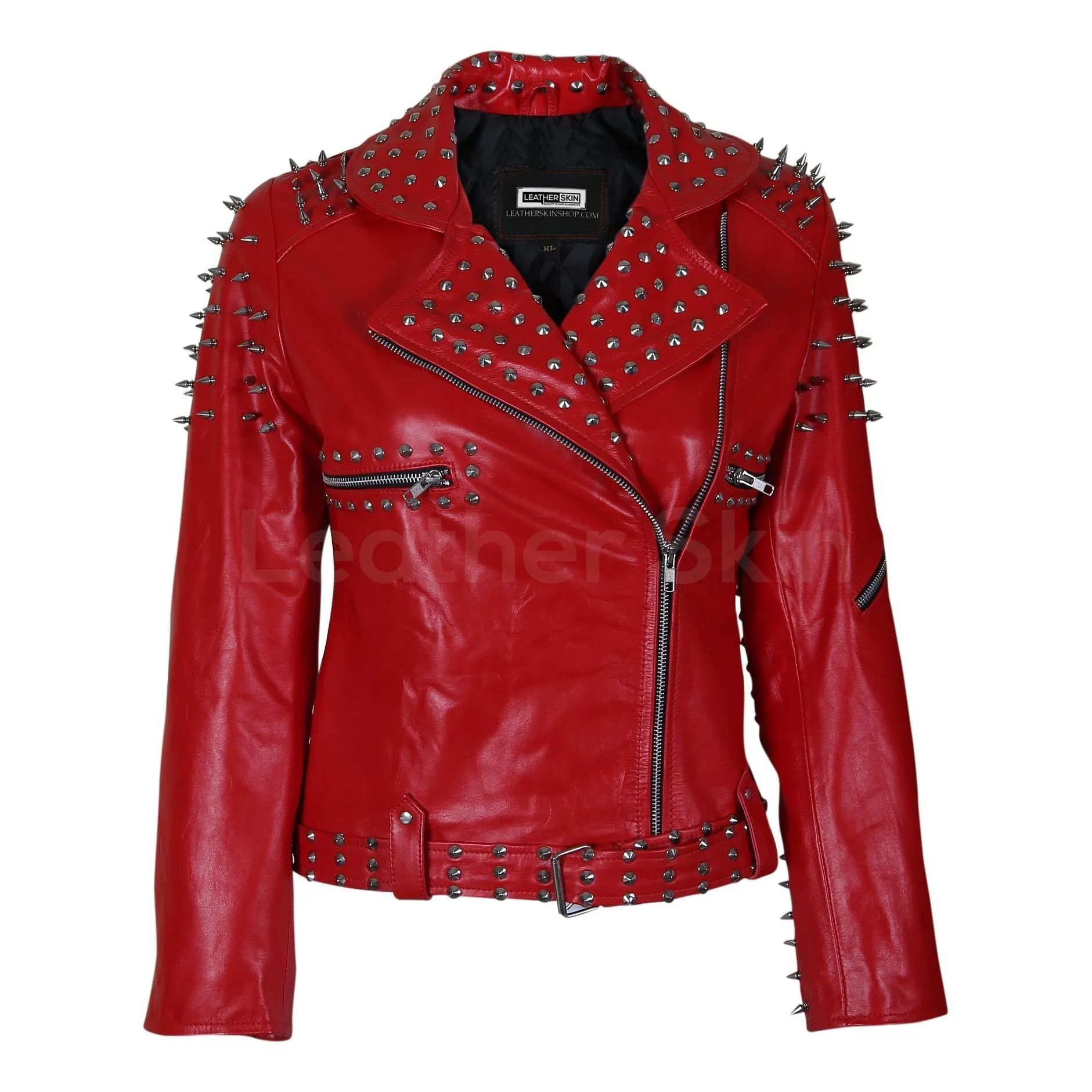 Women Red Leather Jacket with Cone and Tree Spike Studs - Leather Skin Shop