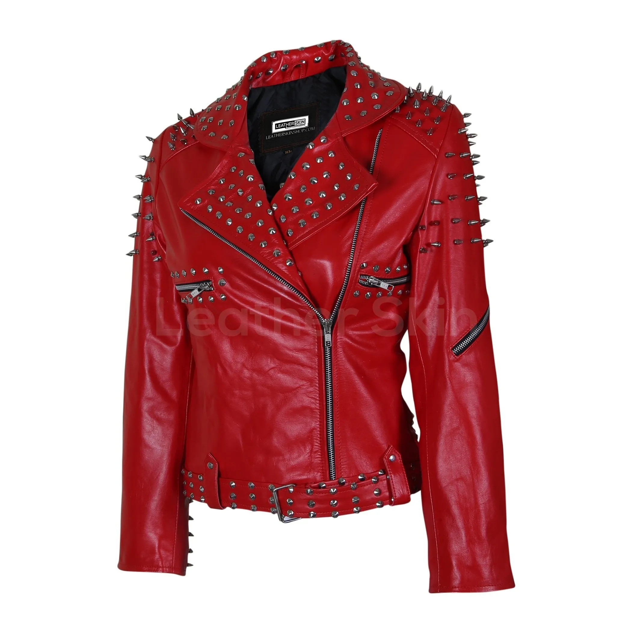 Women Red Leather Jacket with Cone and Tree Spike Studs - Leather Skin Shop