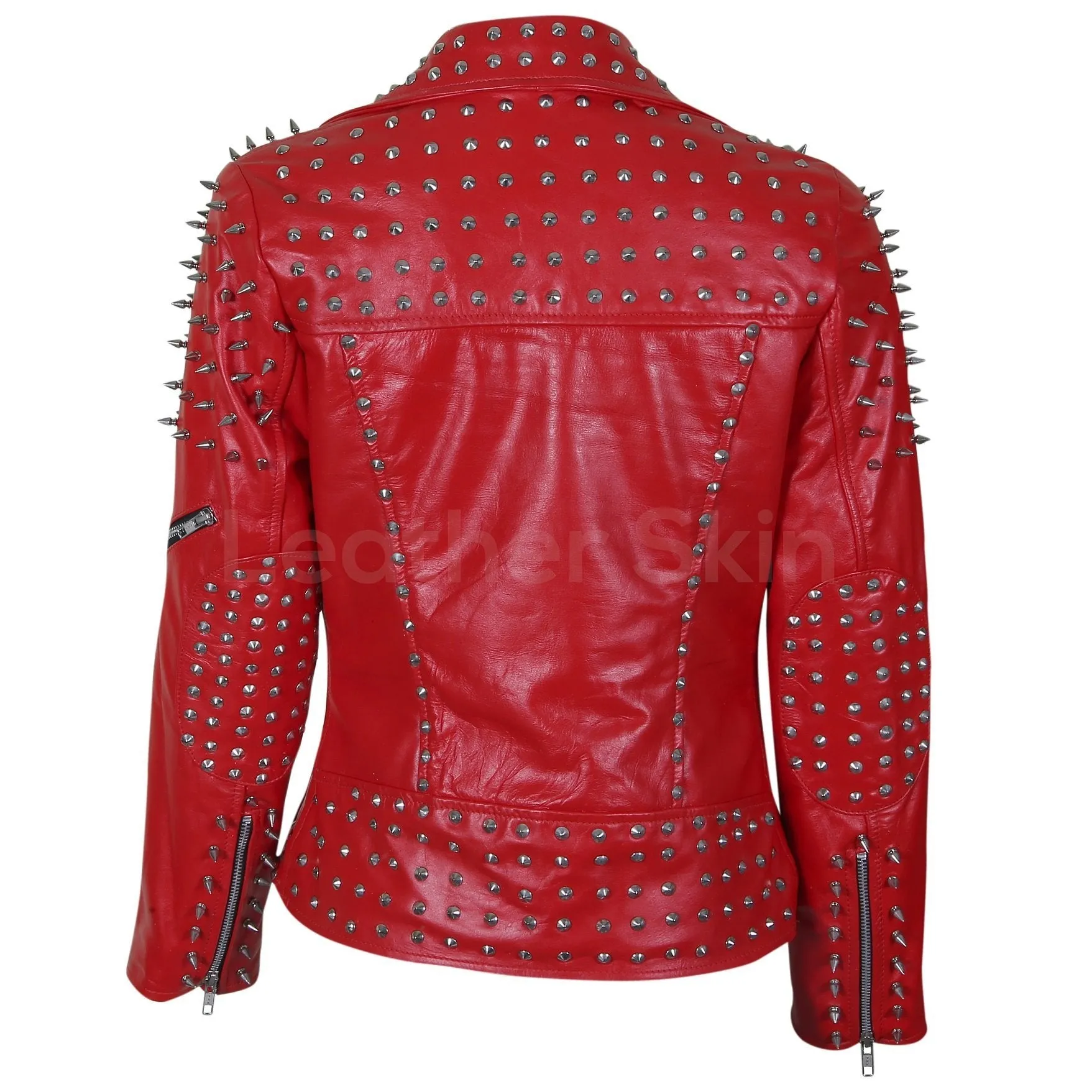 Women Red Leather Jacket with Cone and Tree Spike Studs - Leather Skin Shop