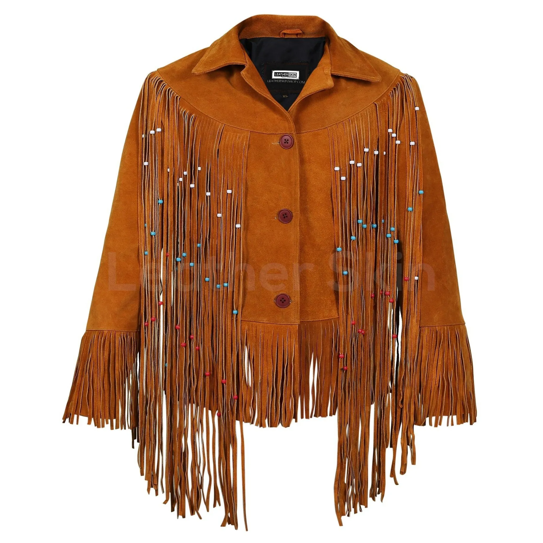 Women Tan Western fringes suede leather jacket with decorative beads - Leather Skin Shop