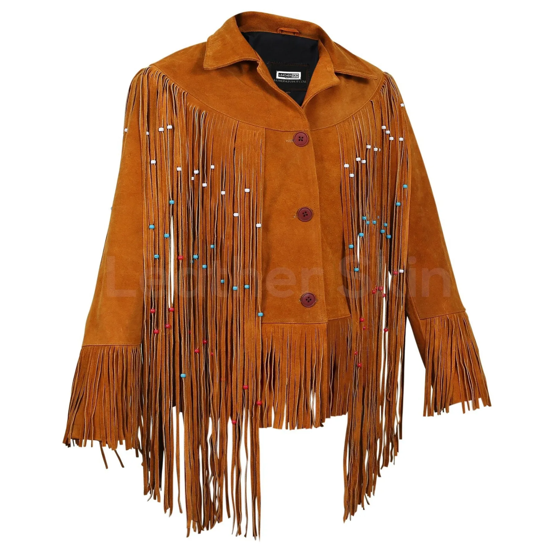 Women Tan Western fringes suede leather jacket with decorative beads - Leather Skin Shop