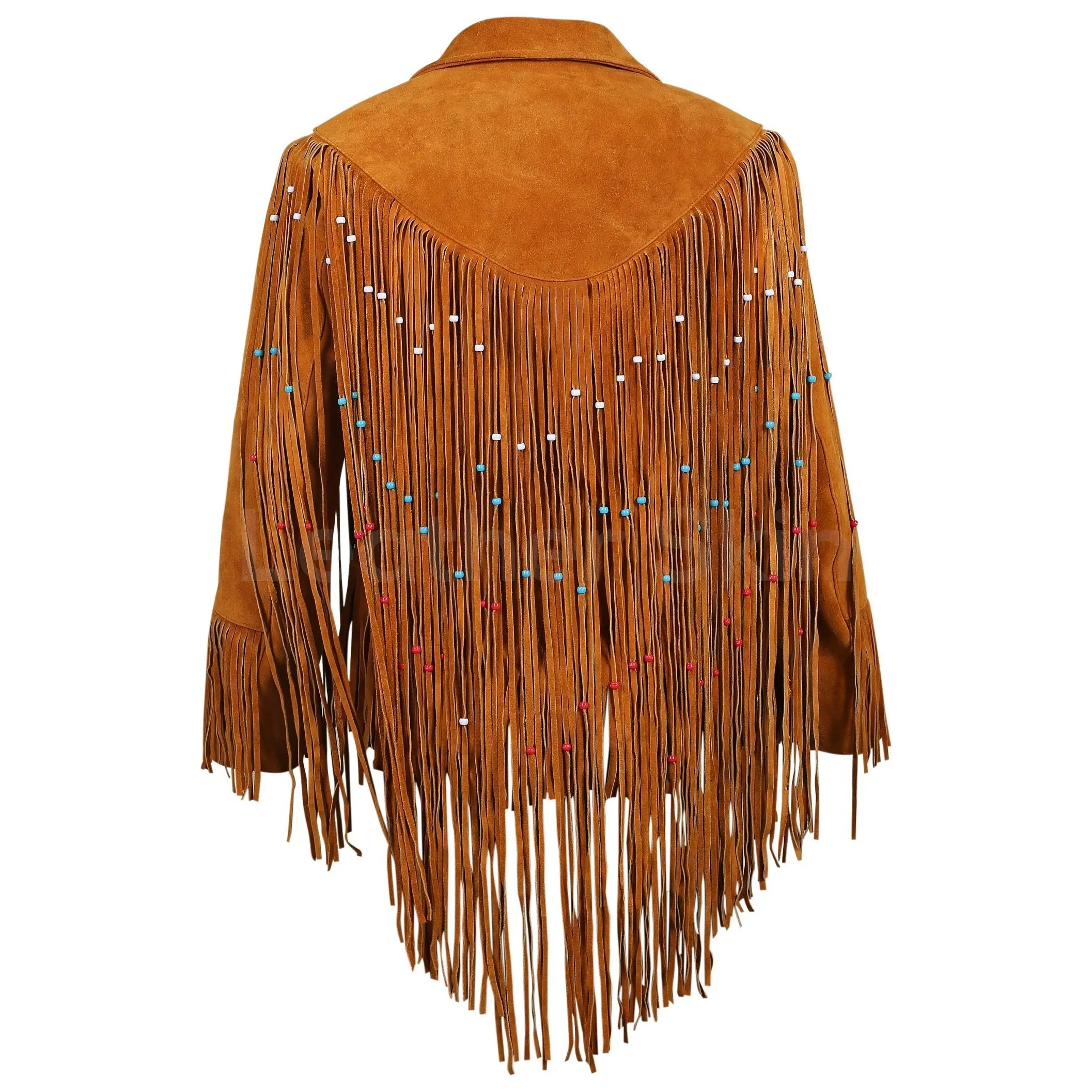 Women Tan Western fringes suede leather jacket with decorative beads - Leather Skin Shop