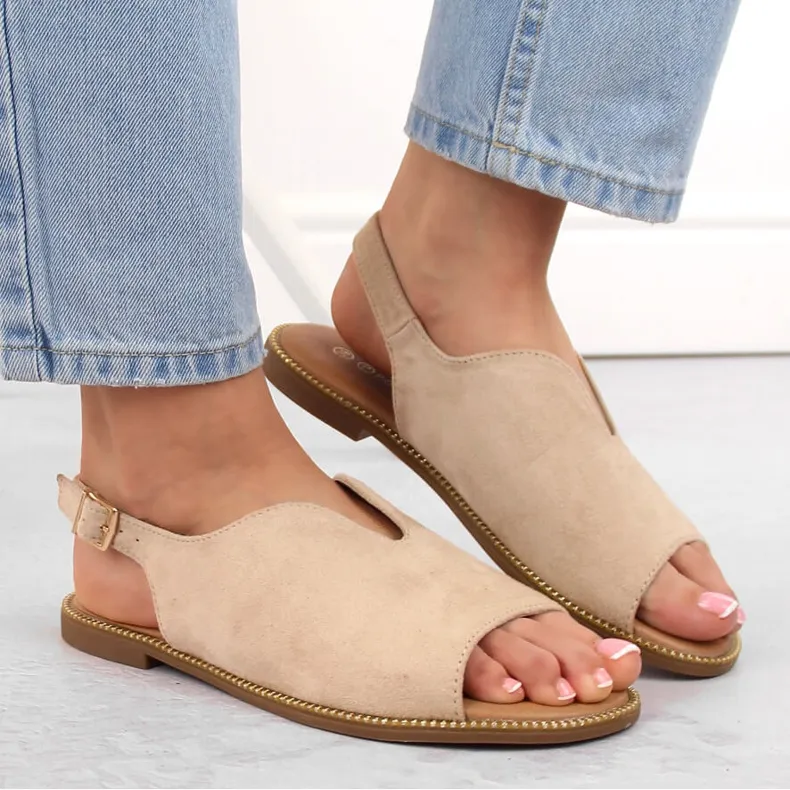 Women's suede flat sandals, beige Potocki BF47305