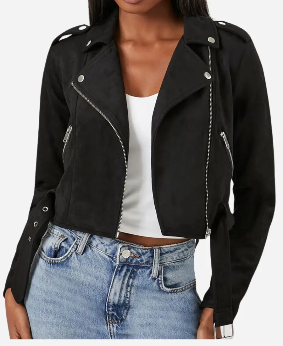 Women’s Black Cropped Suede Leather Moto Jacket