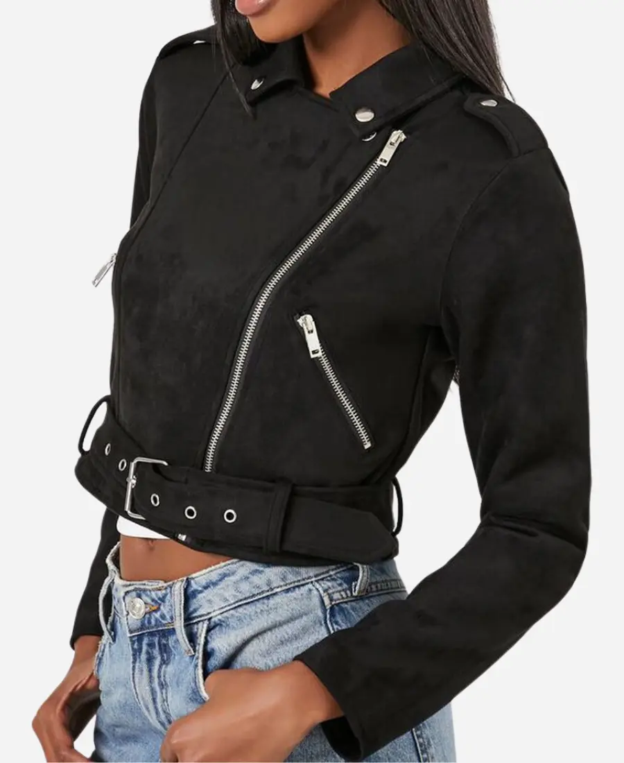 Women’s Black Cropped Suede Leather Moto Jacket