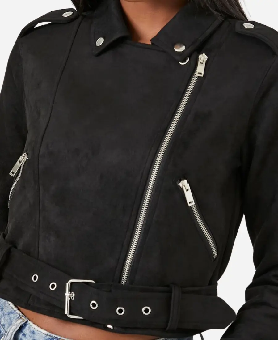 Women’s Black Cropped Suede Leather Moto Jacket