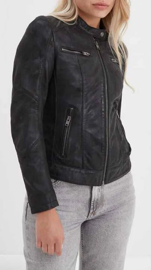 Women's black leather jacket in pink garden style maya