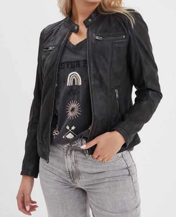 Women's black leather jacket in pink garden style maya