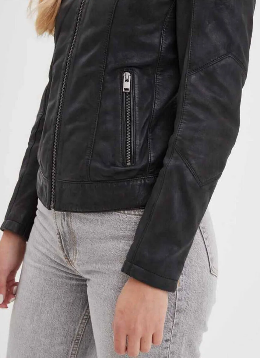 Women's black leather jacket in pink garden style maya