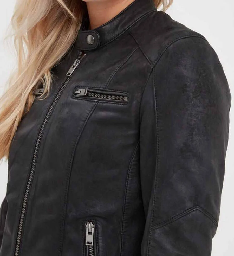 Women's black leather jacket in pink garden style maya