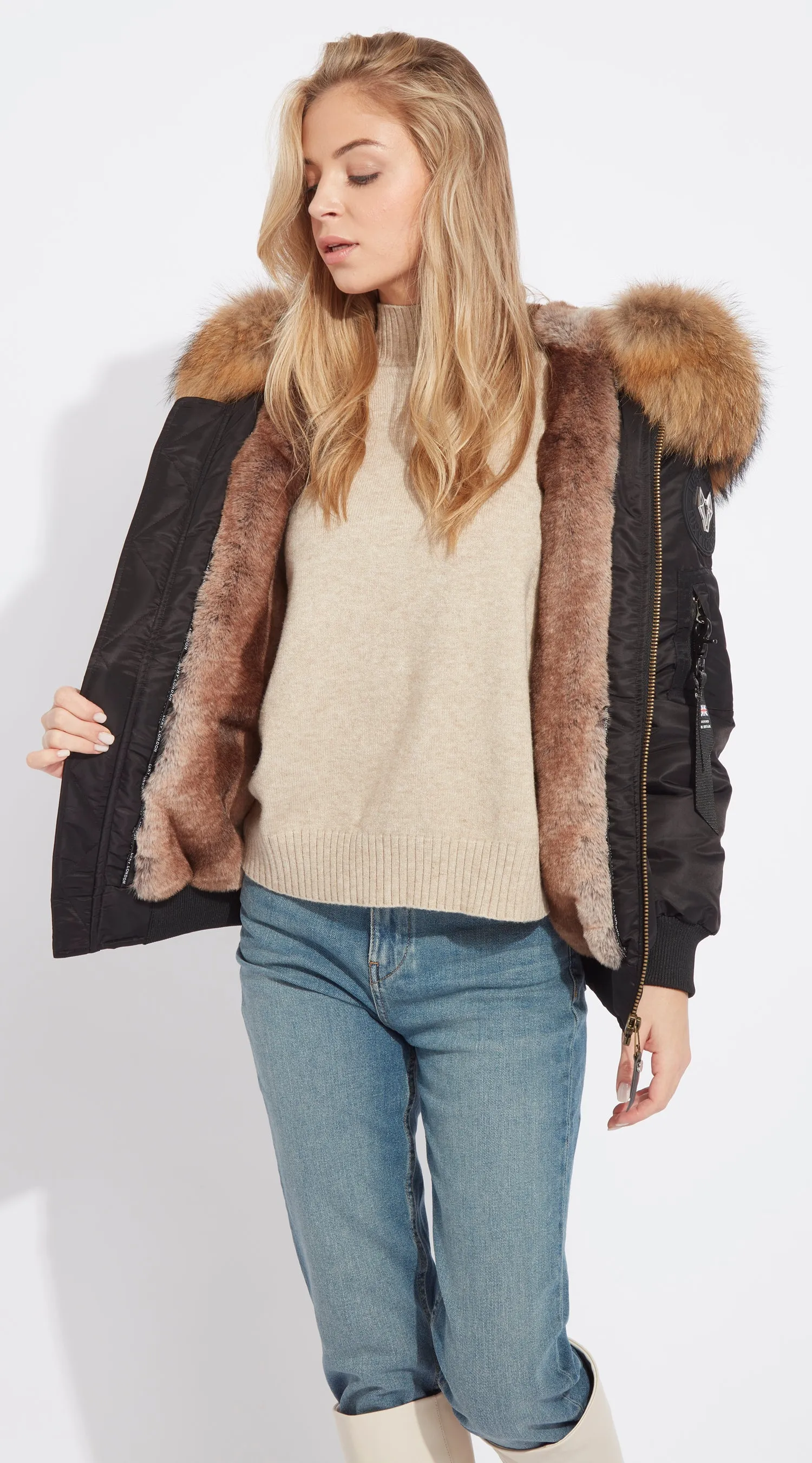 Womens Black Luxy Fur Bomber - Natural