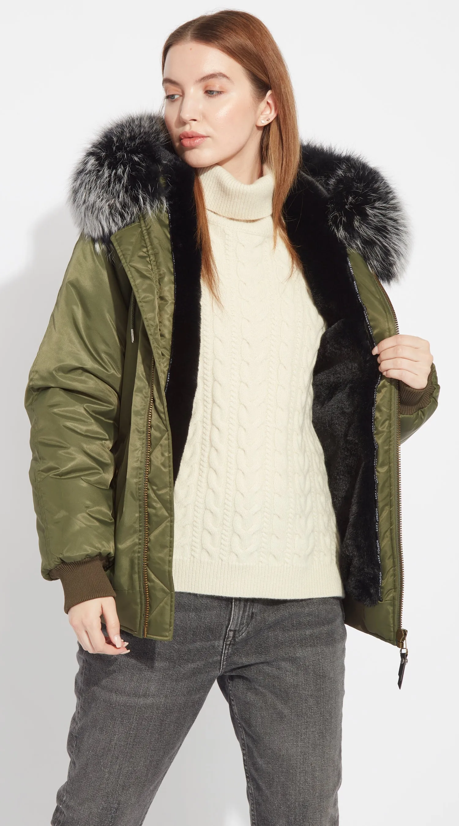 Womens Khaki Luxy Fur Bomber - Black Mist