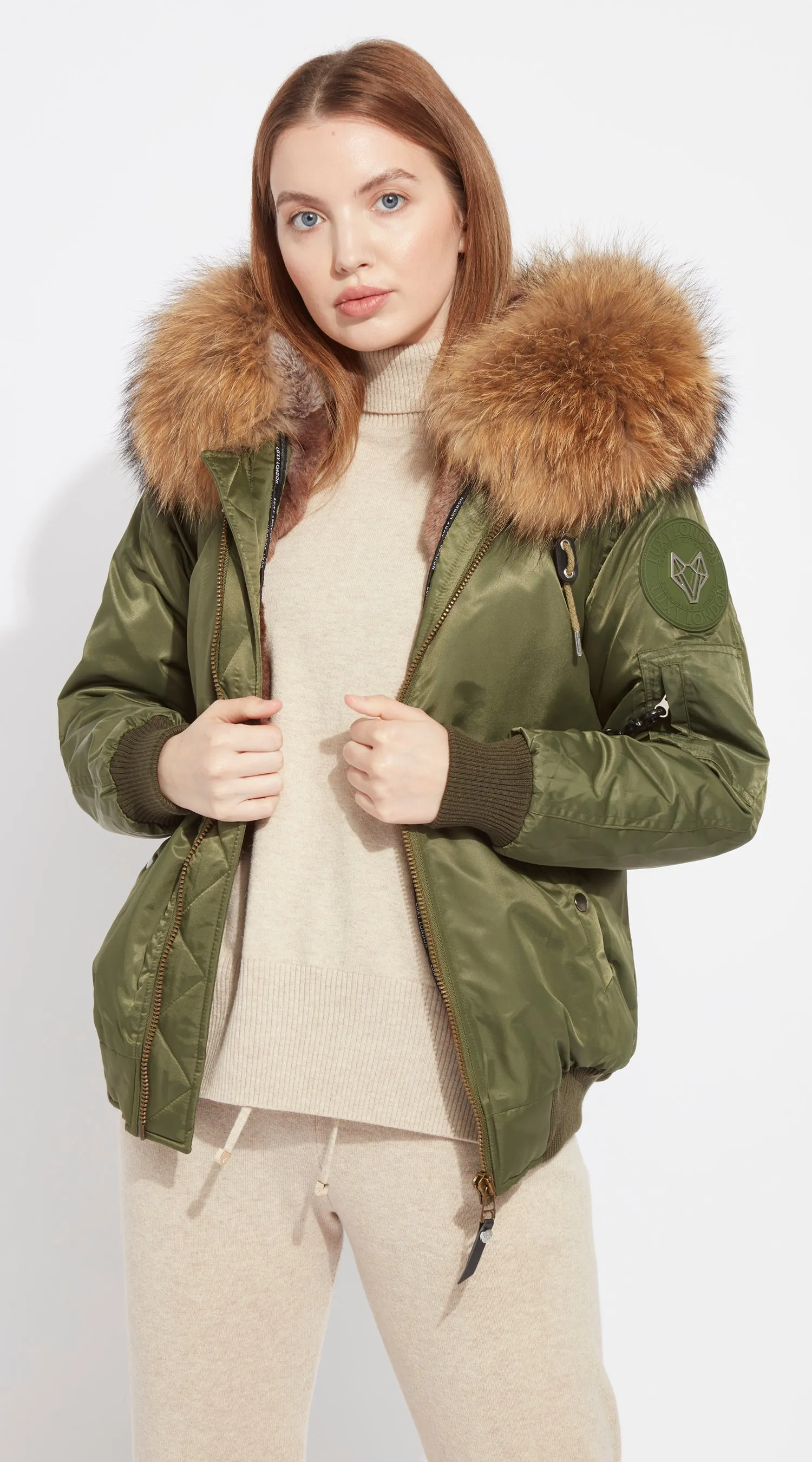 Womens Khaki Luxy Fur Bomber - Natural