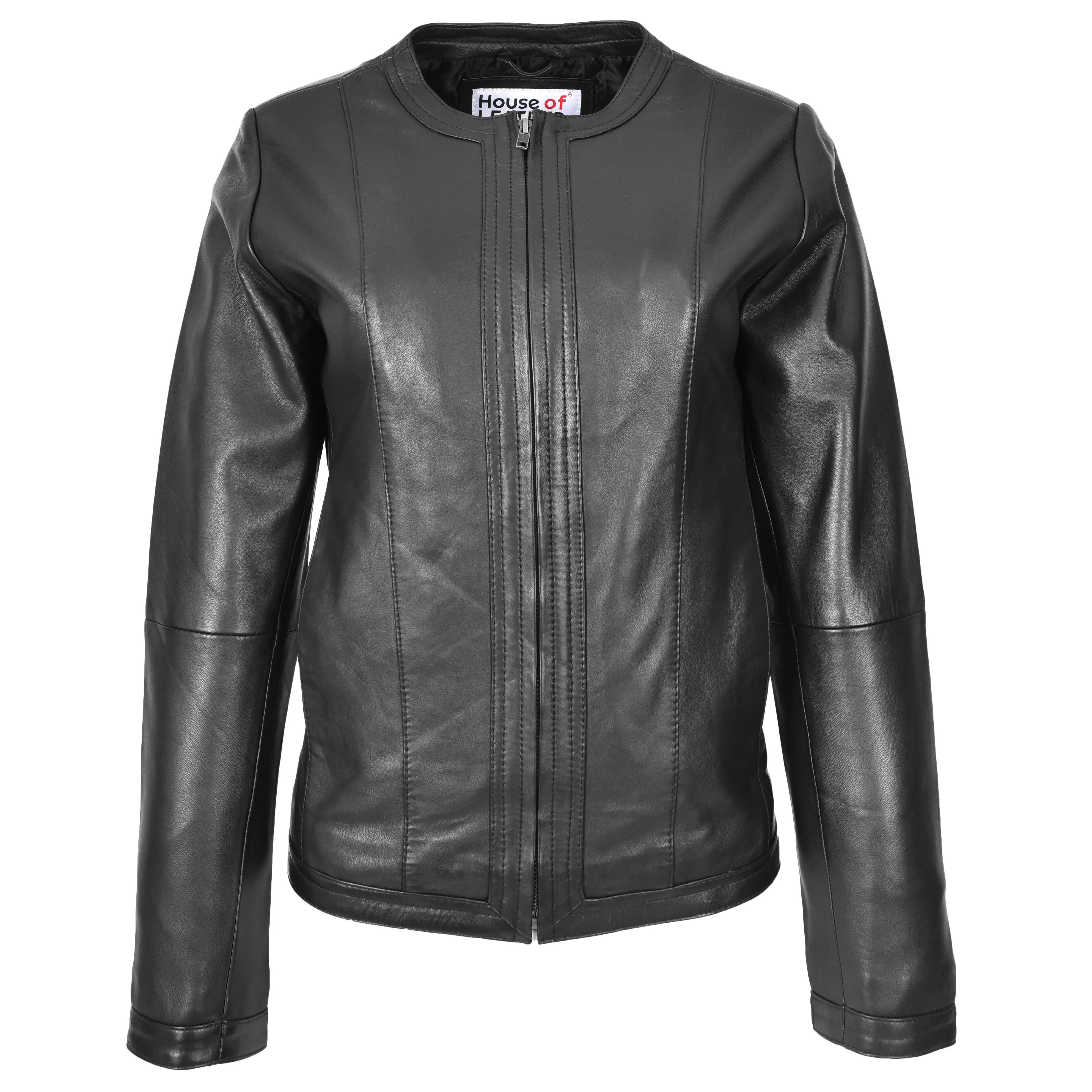 Womens Real Leather Collarless Fashion Jacket Slim Fit Style Clara Black