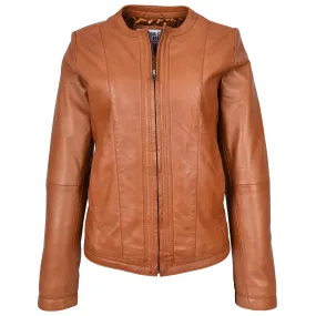 Womens Real Leather Collarless Fashion Jacket Slim Fit Style Clara Tan